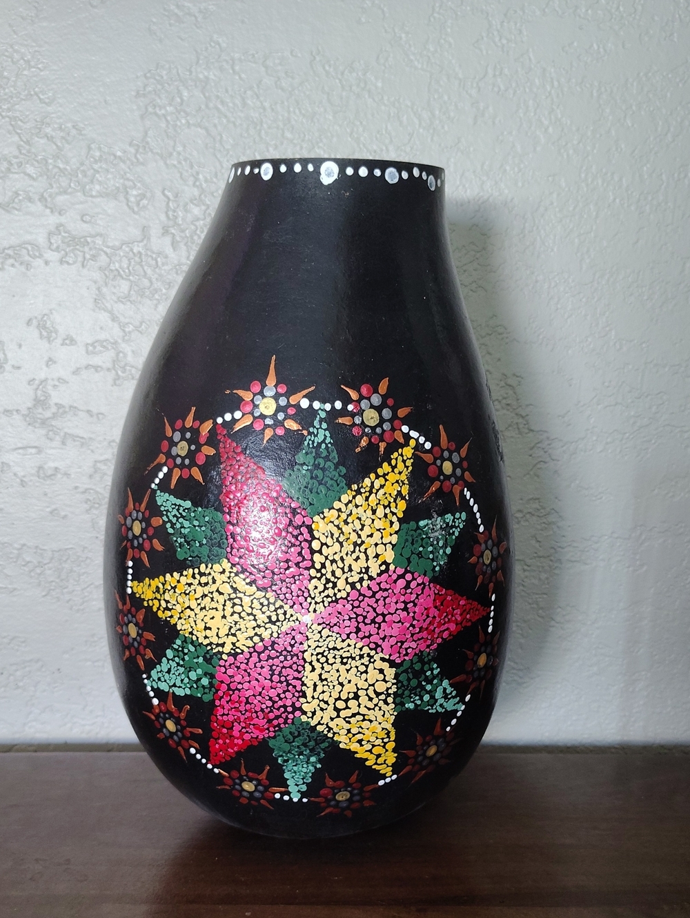Hand-Painted Black Gourd Vase with Colorful Starburst Motif